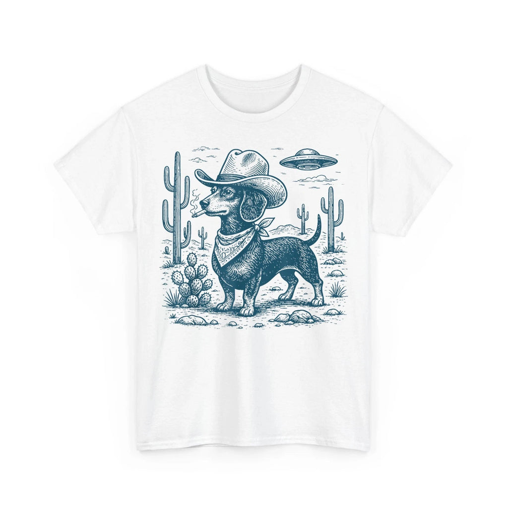 Western Cowboy Dog Smoking with UFO Dachshund Dog Funny Unisex T-Shirt