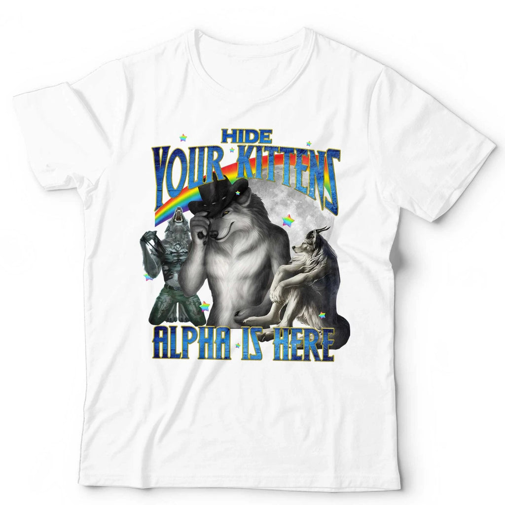 Wolf Shirt Funny Alpha Wolf Hide Your Kittens Graphic Tee Rainbow Meme Sigma