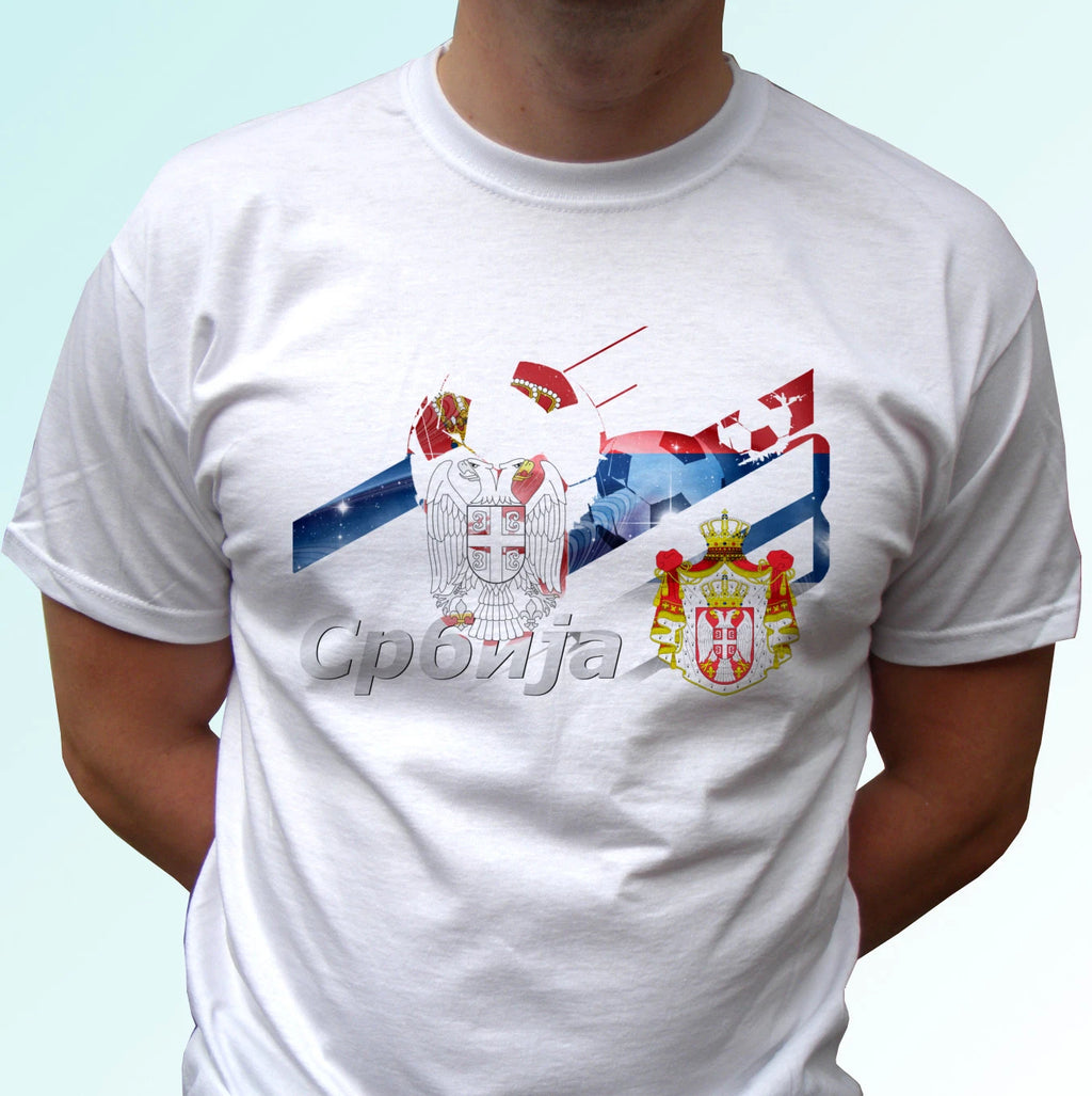 Serbia football flag white t shirt design soccer cup tag gift top tee all sizes