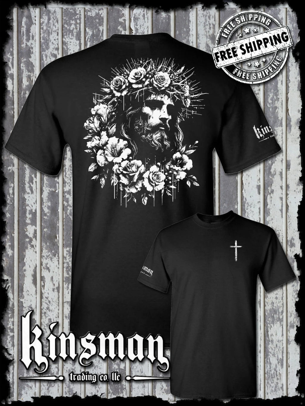 Jesus Portrait Roses 2-Sided T-Shirt - Christ God Cross Faith
