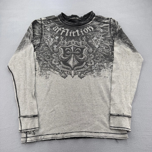 Affliction Shirt Mens Medium Gray Black Long Sleeve Distressed Graphic MMA Style