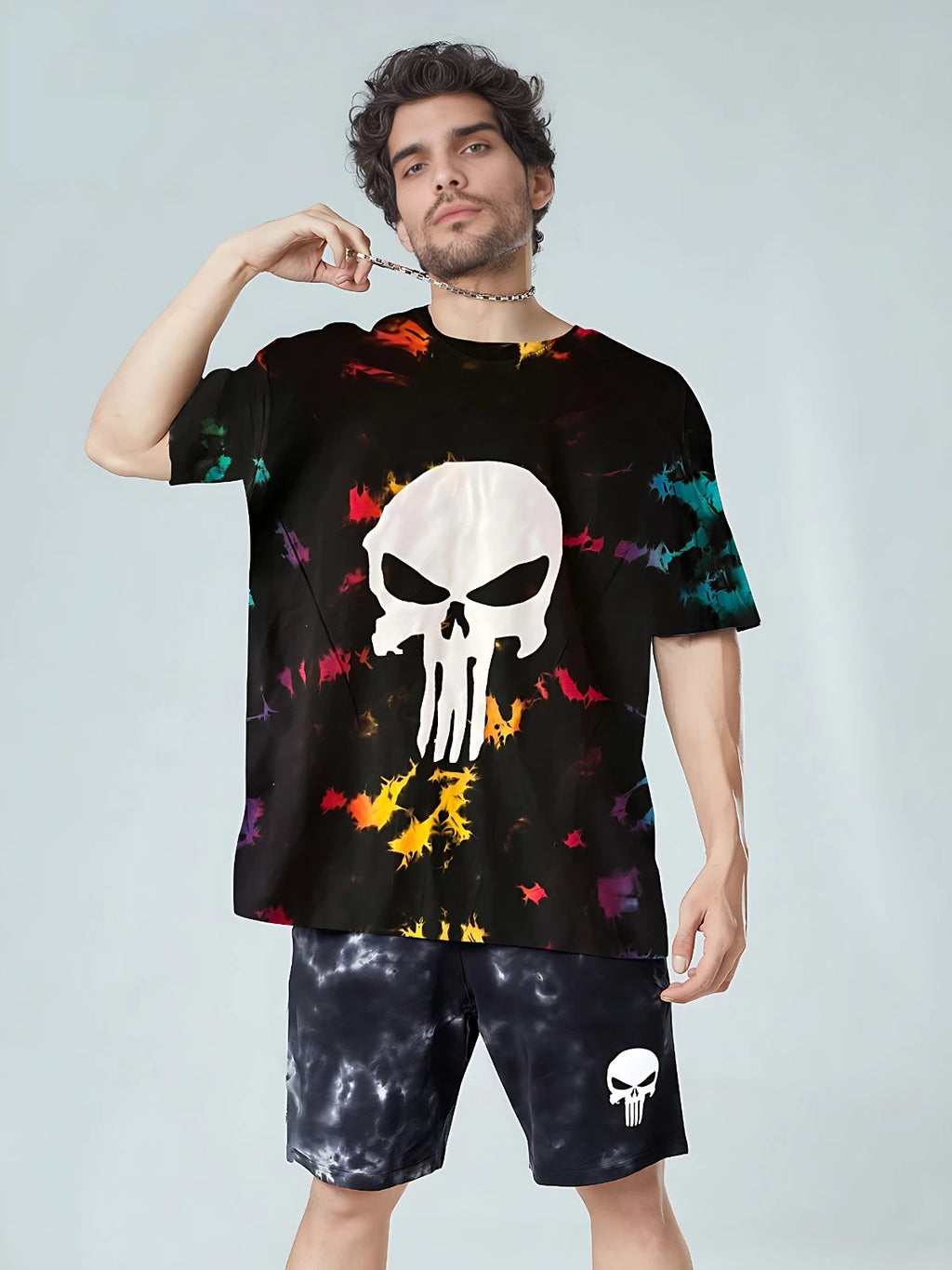 Multi Color Tie Dye Stylish Skull Print Handmade T-shirt