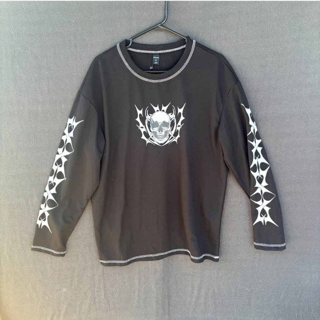 ROMWE MEN Grunge Punk Men's Skull & Letter Print Drop Shoulder Tee - Size M