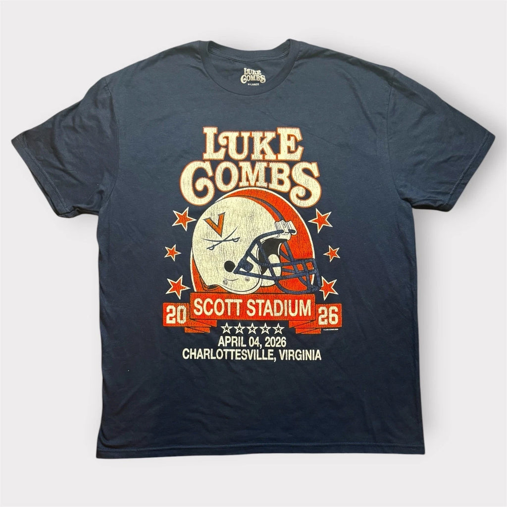 Luke Combs Scott Stadium 2026 Concert T-Shirt Navy Blue XL UVA Football Helmet