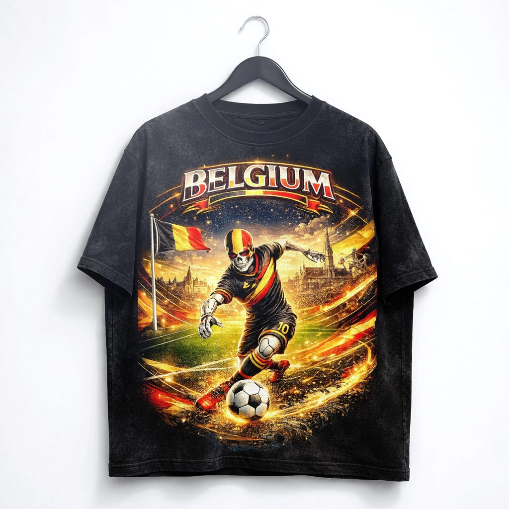 Belgium Soccer Skull Washed T-Shirt Belgian Football Tee World Cup 2026