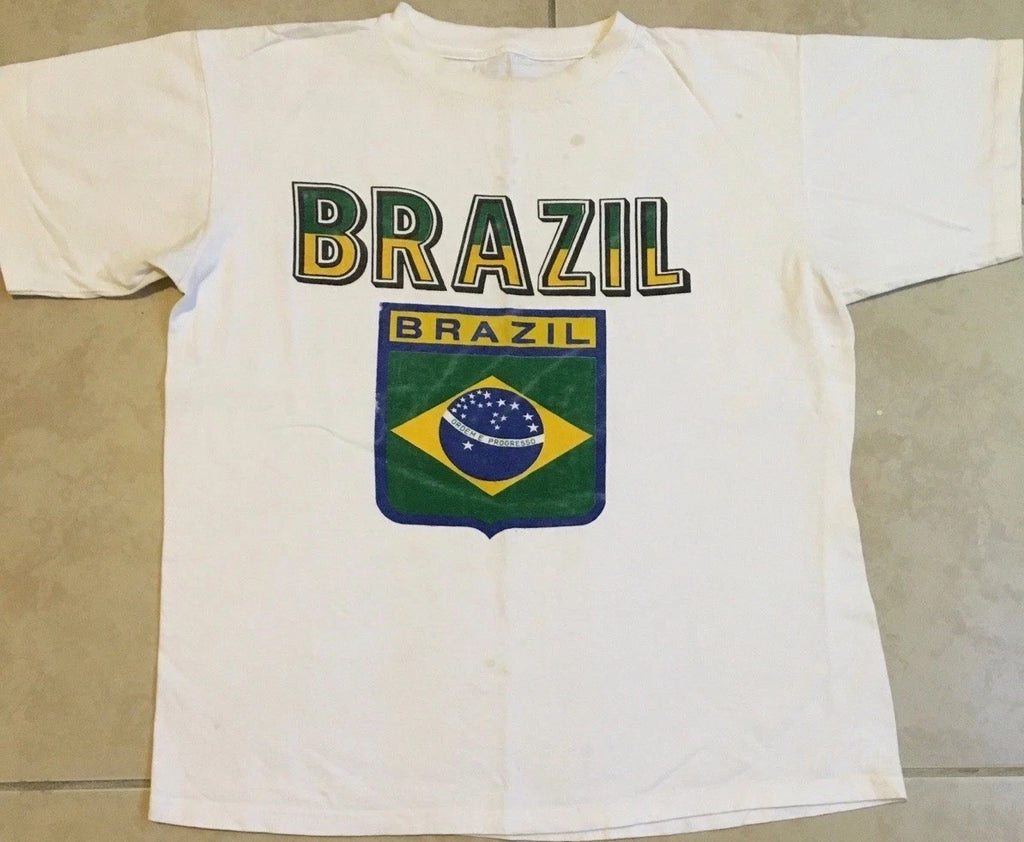Vtg 90s Brazil Flag Faded Distress Shirt S Futbol Soccer World Cup Grunge 80s