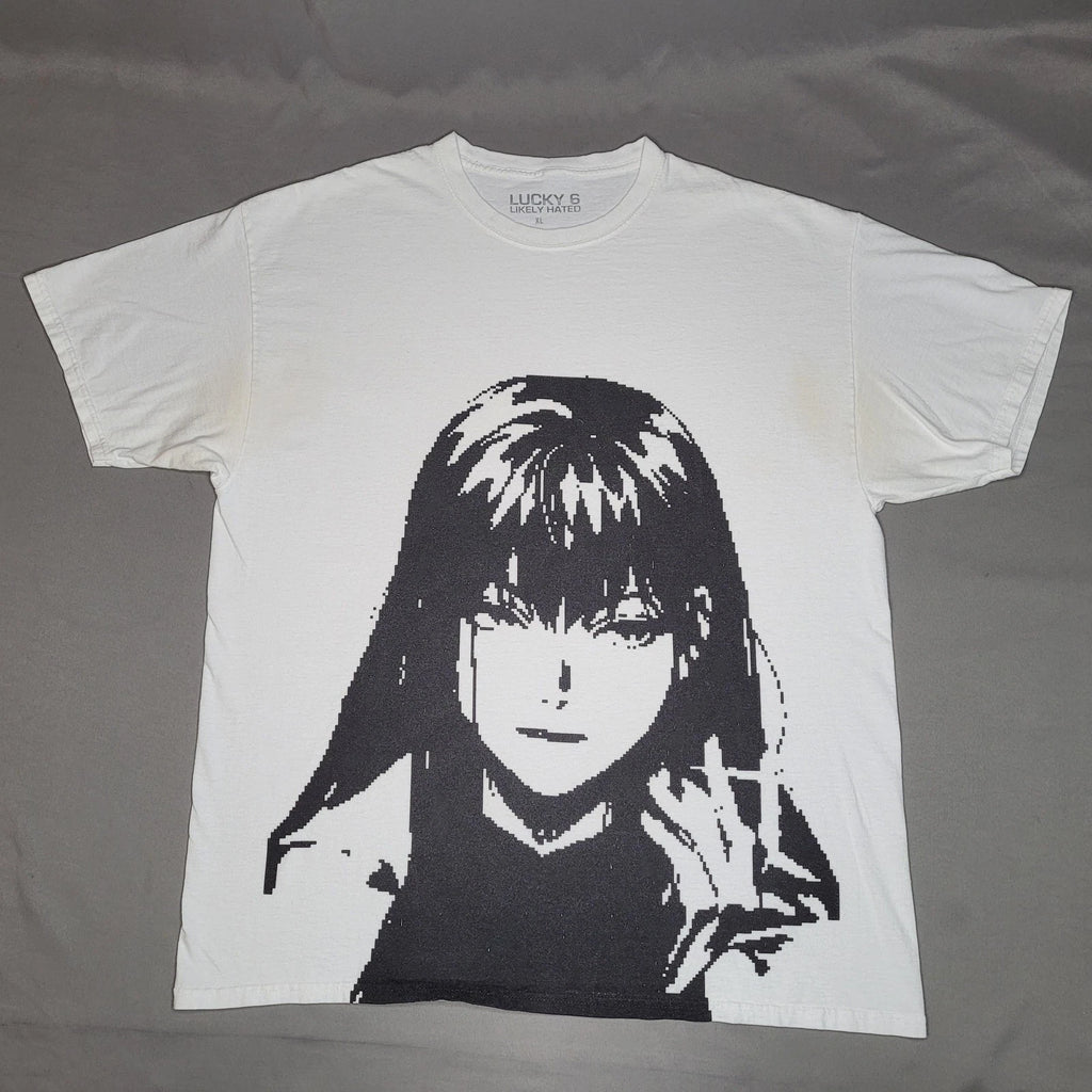 Lucky 6 Likely Hated Shirt Mens XL White Anime Girl Pixel Art Manga Graphic Tee