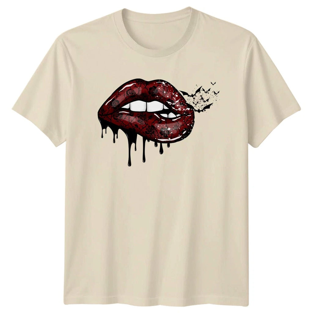 Gothic Lips Dark Rose Bats Womens T-Shirt Gothic Aesthetic Halloween Gift