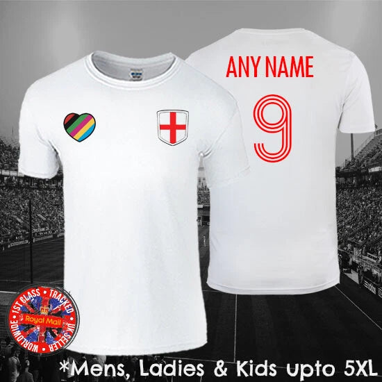 England Personalised Football Fans T-shirt Mens Ladies Kids World Cup LGBTQ+