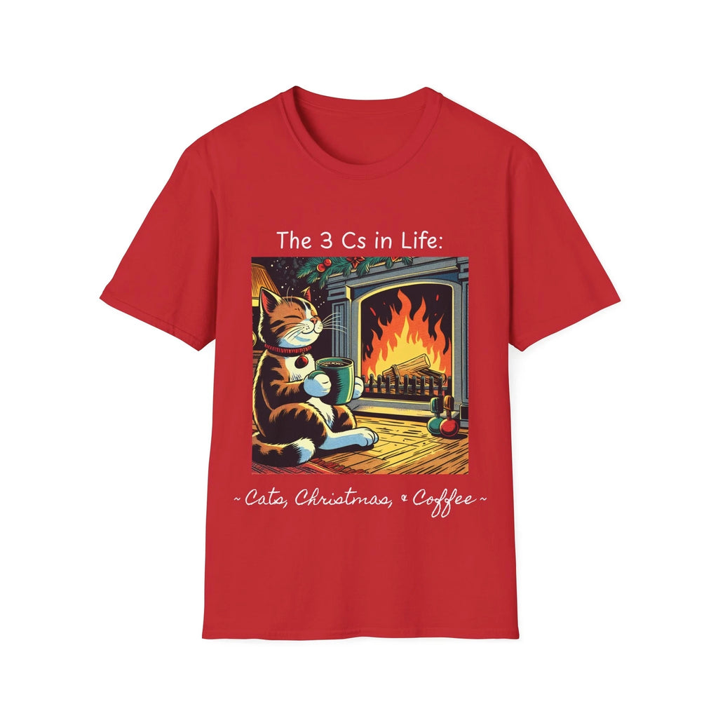 Cats, Christmas, and Coffee comic style illustration; Unisex Cotton T-Shirt