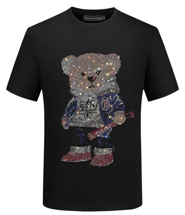 New Luxury Men Diamond Bear Rhinestones Fashion Black White T-Shirt High Quality