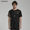 Punk Rave Mesh Broken Hole T-Shirt Men Summer Loose Short Sleeve Knitted Tops