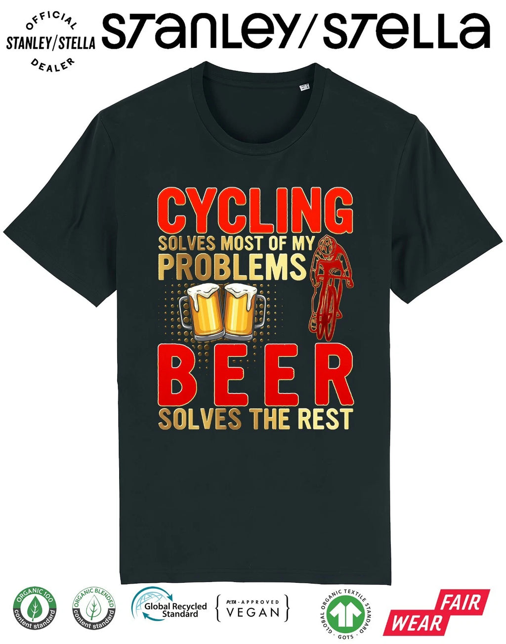Mens T-Shirt Cycling Solves Most Problems Beer The Rest Funny Cyclist Clothing