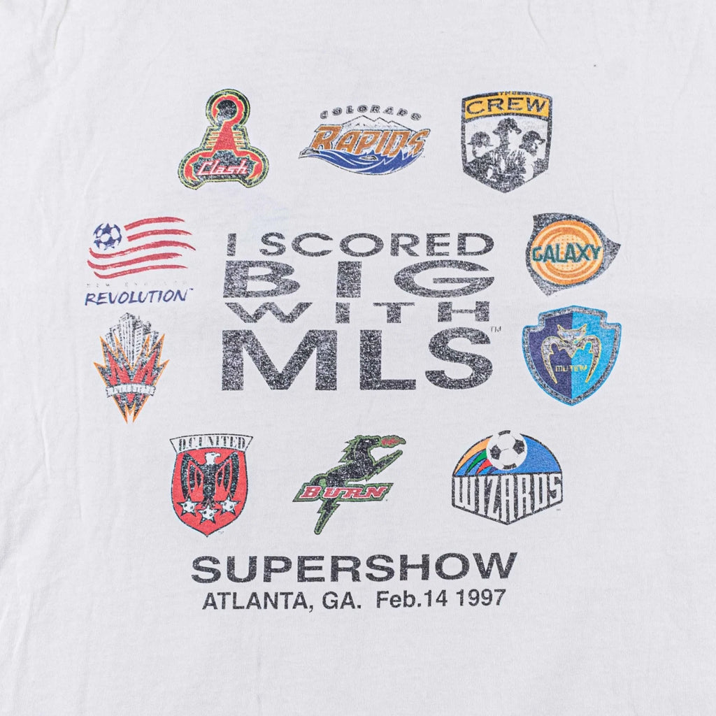 Vintage 1997 MLS Supershow AOP T Shirt Large 90s Soccer Distressed Thrashed