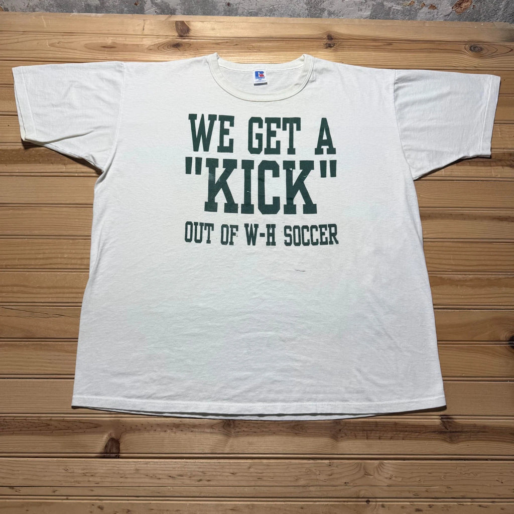 Vintage 90s We Get A Kick Out Of W-H Soccer Sports Graphic T-Shirt USA - 2XL