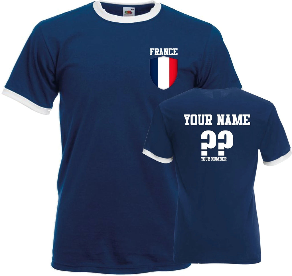 Personalised France Football Ringer T-Shirt Soccer Fans Sport Flag Badge Gift