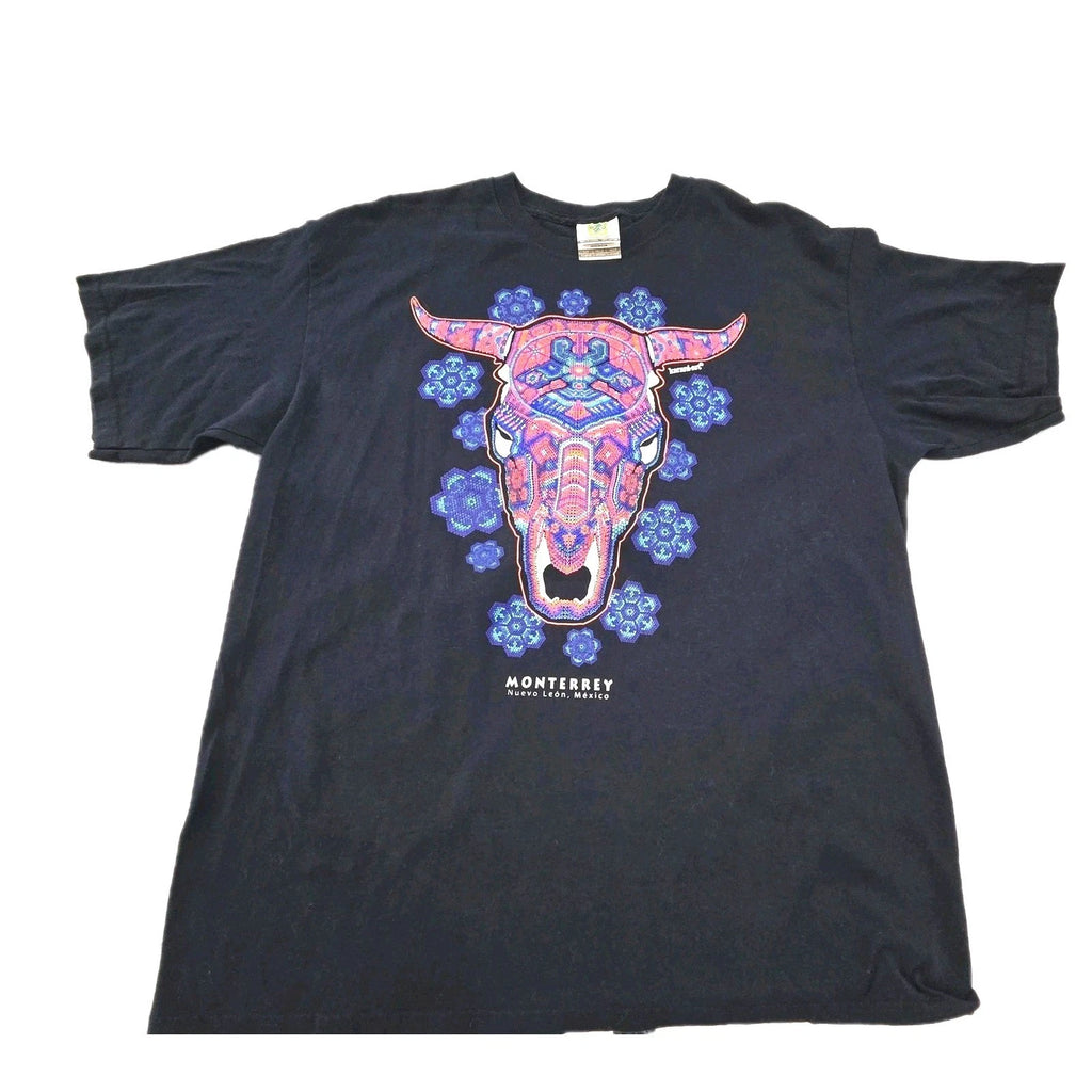 Monterrey Mexico Shirt Mens XL Navy Huichol Bull Skull Graphic Karani-art Tee