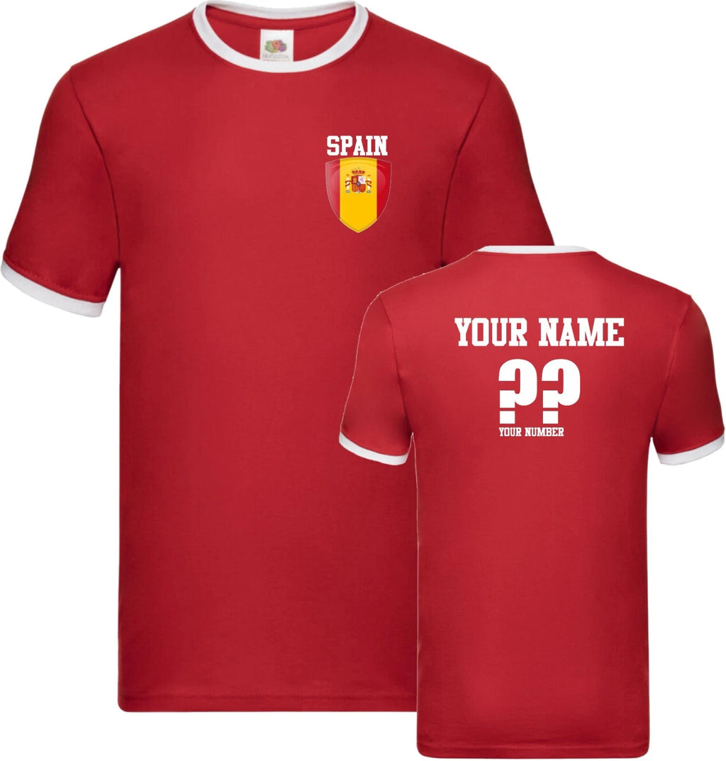 Personalised Spain Football Ringer T-Shirt Soccer Fans Sport Flag Badge Gift