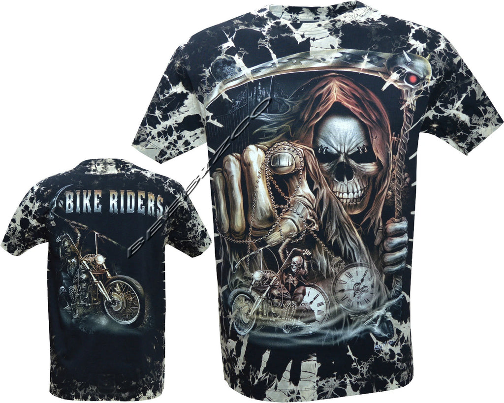 Mens Grim Reaper Bike Rider Glow In Dark Tattoo Goth Tye Dye T-Shirt M - 3XL