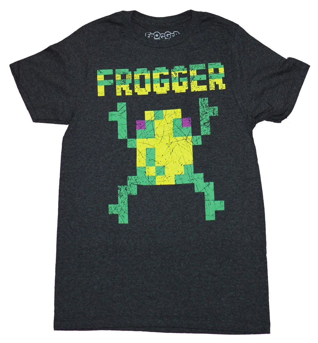 Frogger Adult New T-Shirt - Distressed 8-Bit Frog and Logo Pic