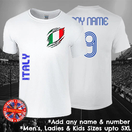 Italy Football Fan T-shirt Personalised Mens Ladies Kids Euros World Cup