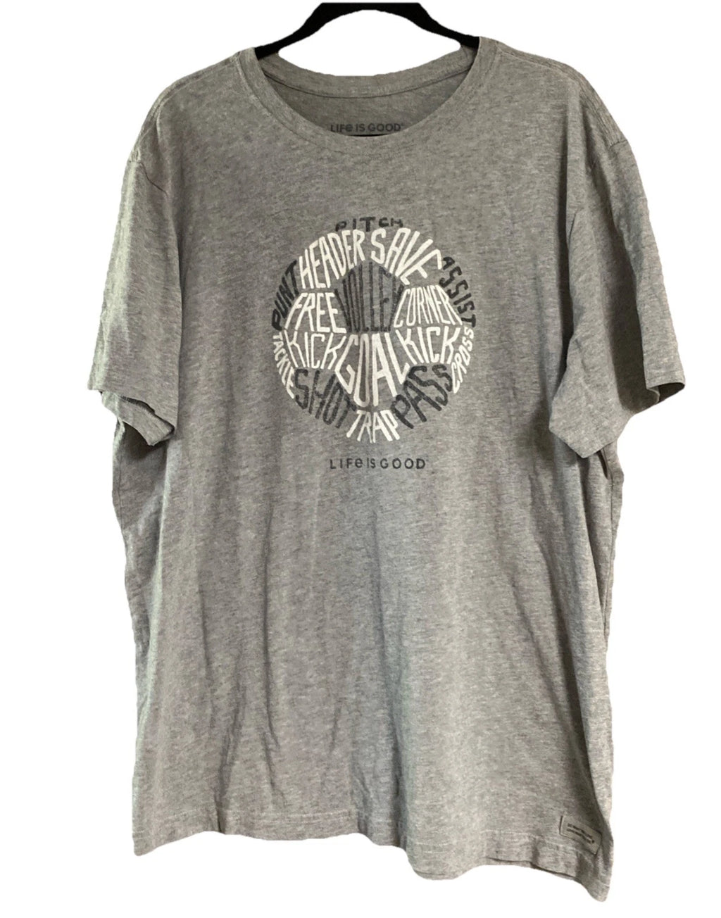 Life Is Good Mens Xl Crusher Tee, Soccer, Gray