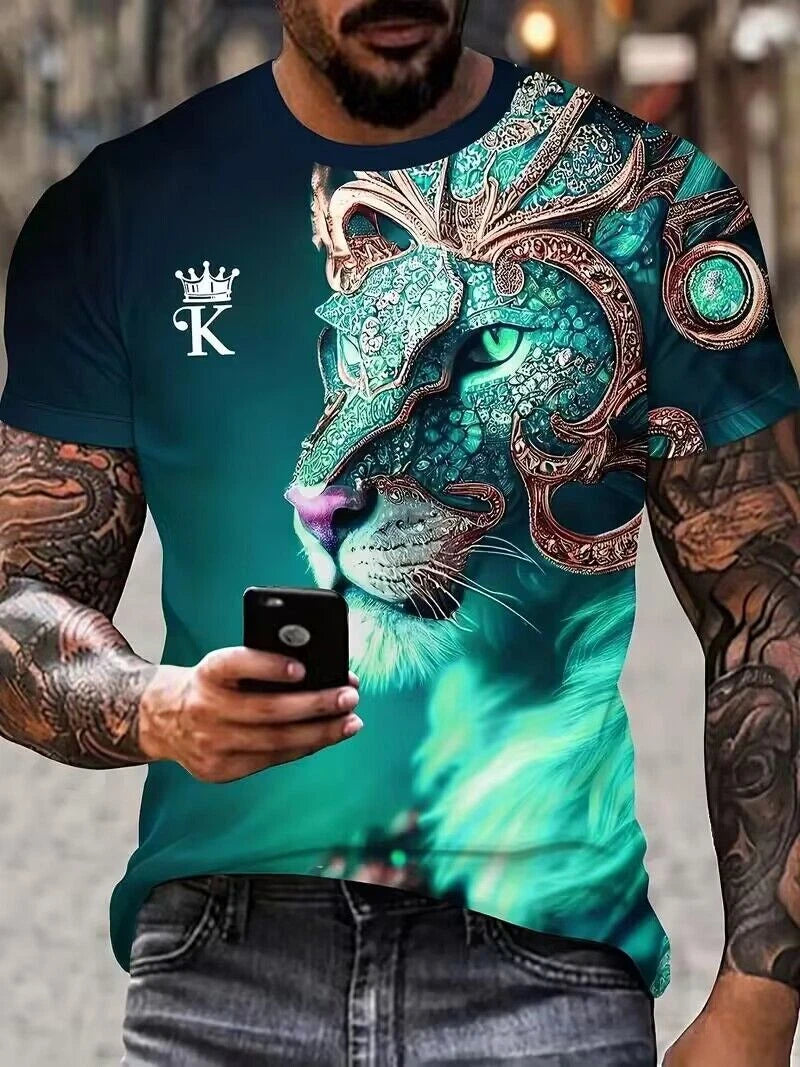 Men T Shirt Fashion Abstract Green Lion Head Casual Short Sleeve Novelty Trendy
