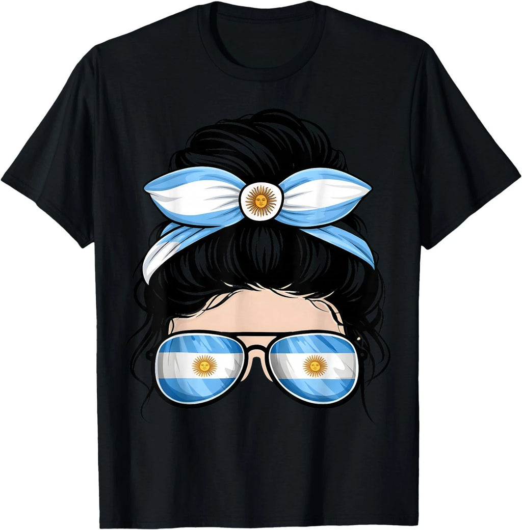 Argentina Soccer Fan Messy Bun Flag Sunglasses T-Shirt