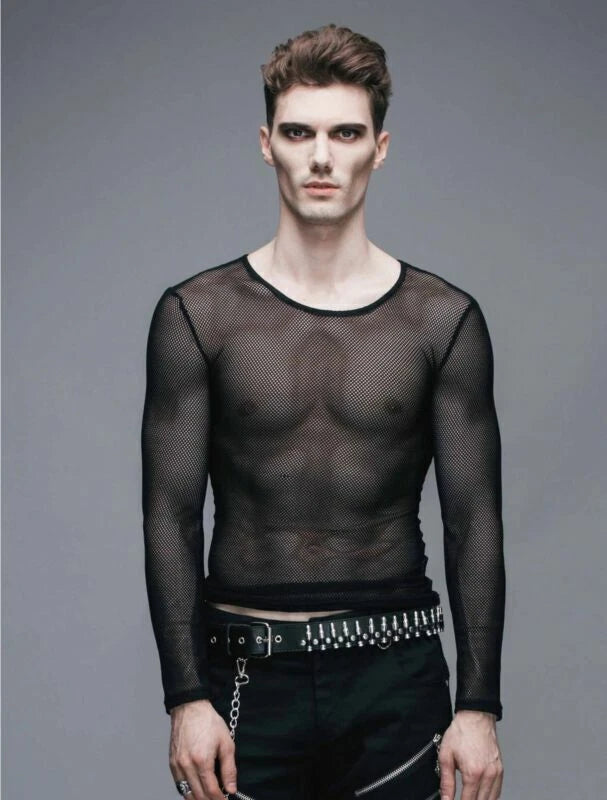 Gothic Devil Fashion Black Men Net Shirt Transparent Rock Punk Top Steampunk