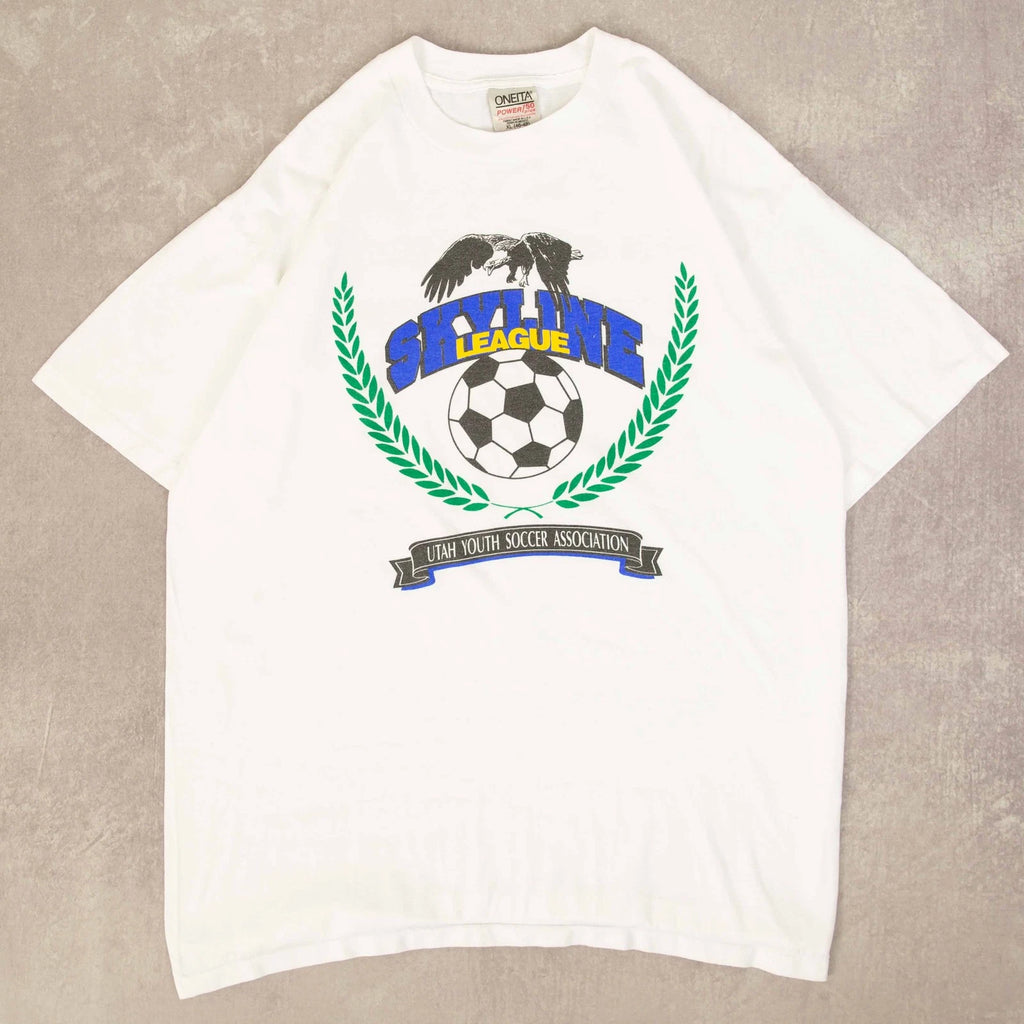 Oneita Vintage 90s Skyline League Soccer Graphic T-Shirt XL Mens White