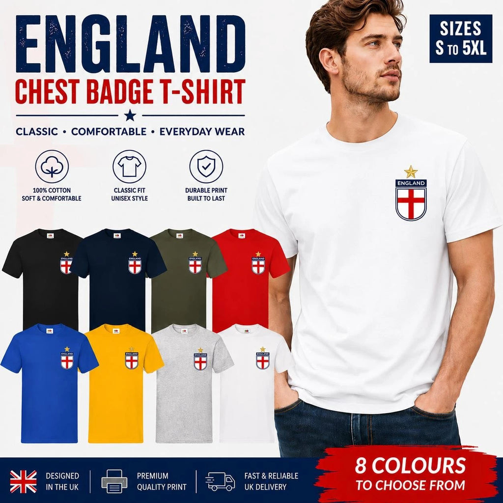 England Football T-Shirt St George Cross Chest Badge World Cup Tee 2026 Gift
