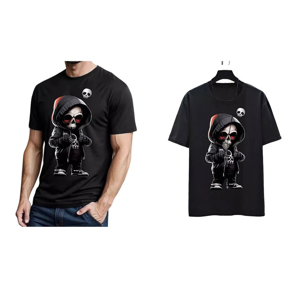Men's Loose Printed Black Tshirt Breathable Polyester Casual High Street Style