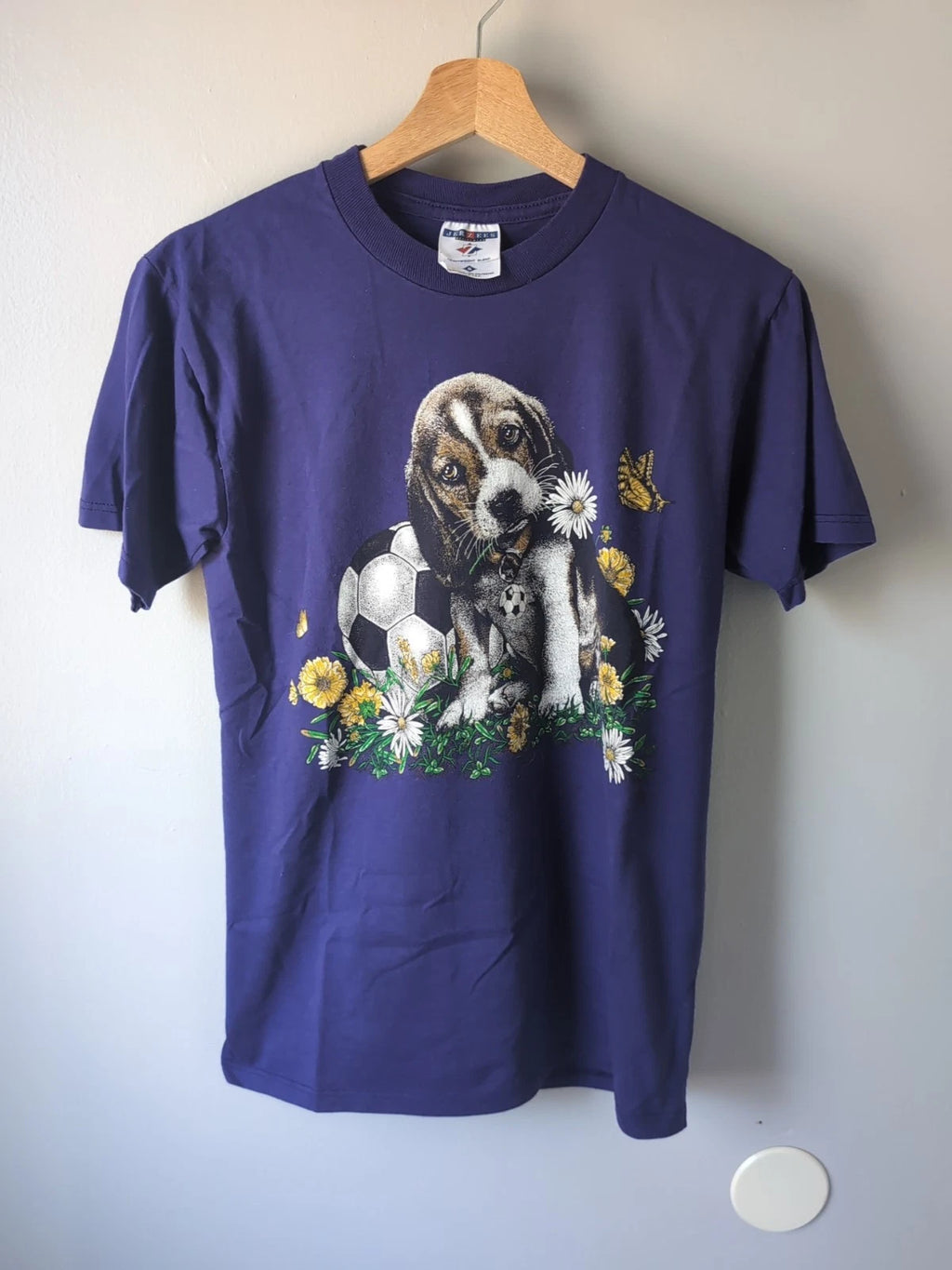Vintage 90s Cute Puppy Soccer Dog Flowers Shirt Size S