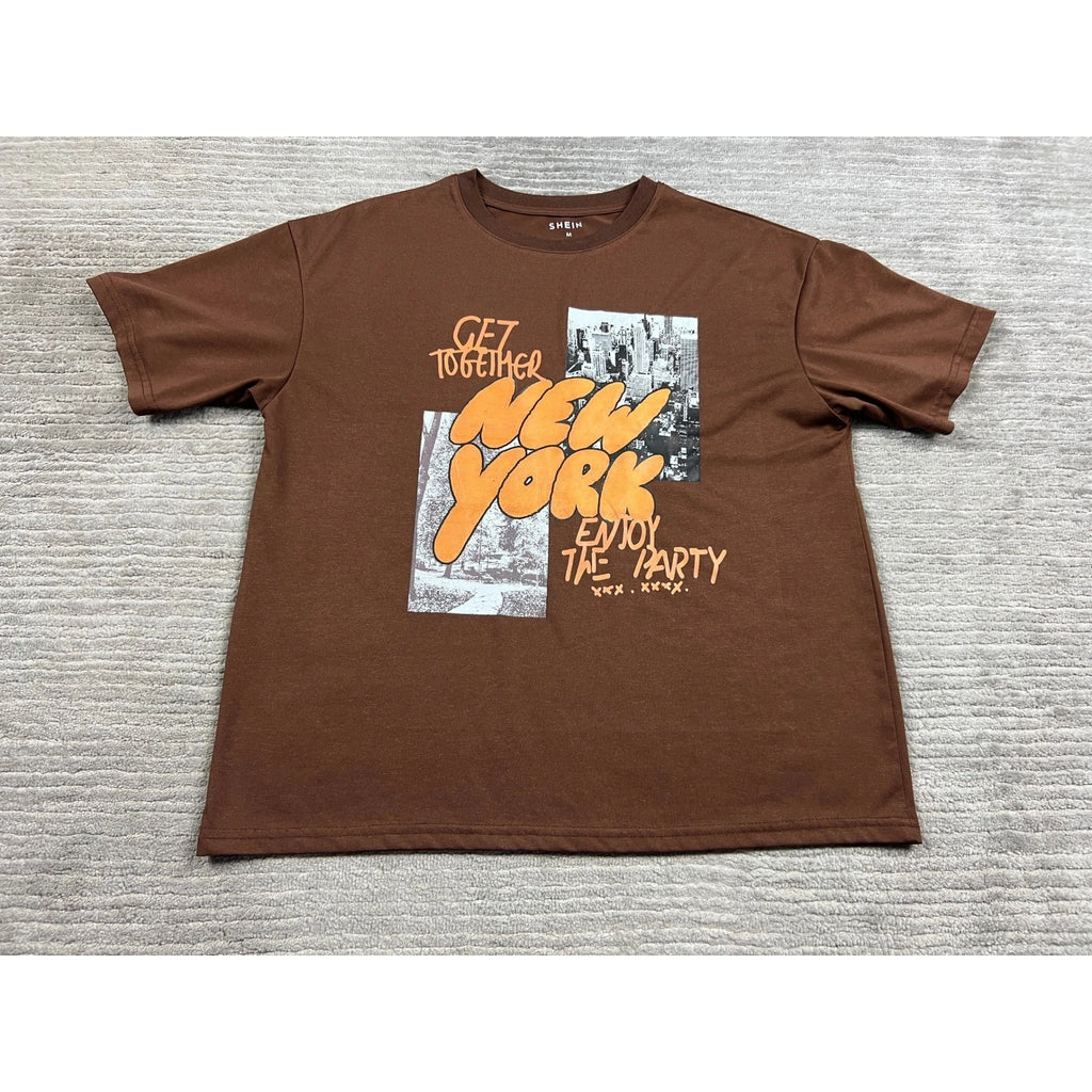 SHEIN T-Shirt Mens Medium Brown New York City Graphic Streetwear Relaxed Fit Tee
