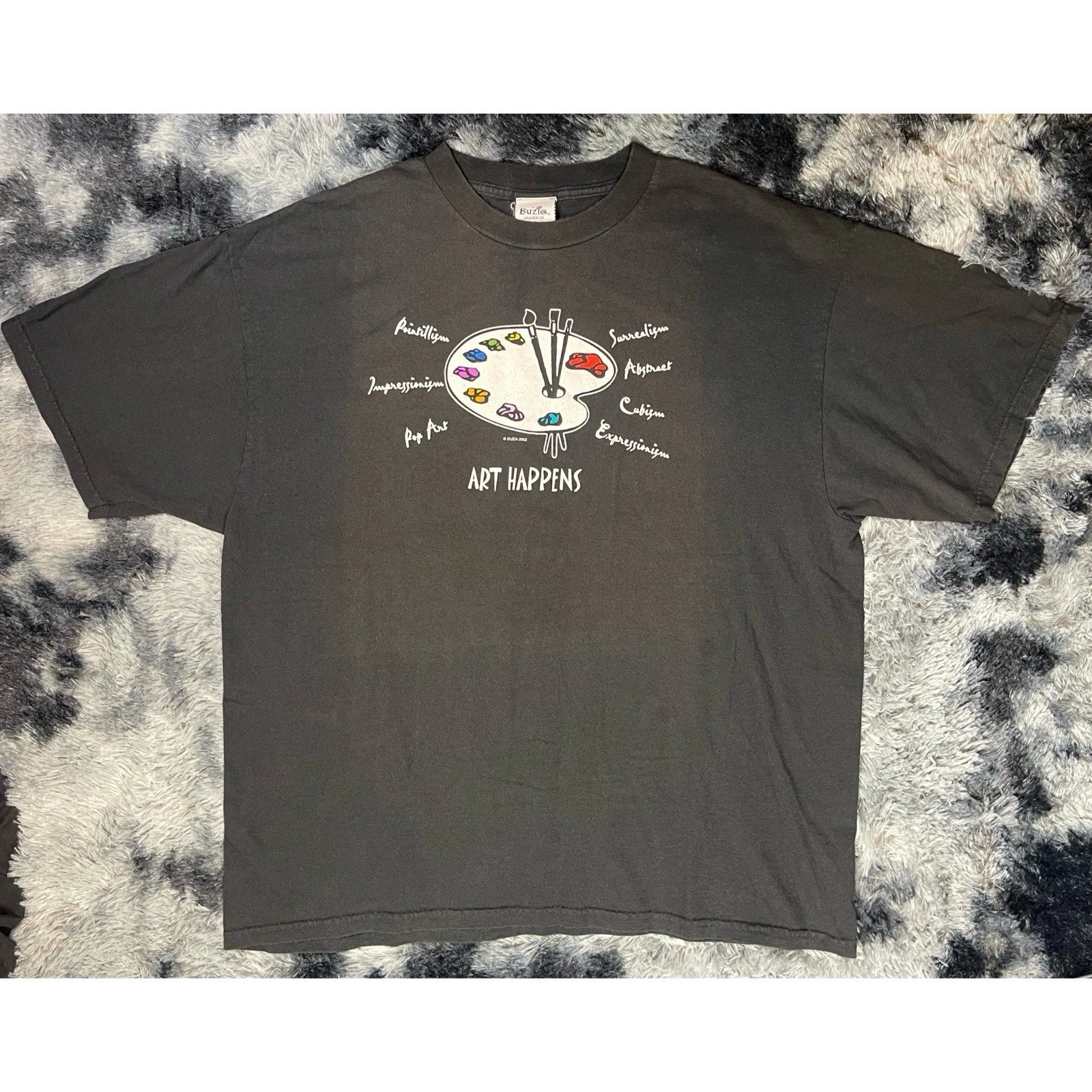Vintage Buzia 'Art Happens" Pop Art Black Short Sleeve Tee Men's Size XL