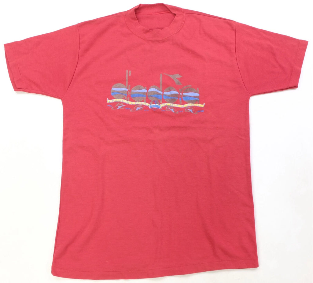 Rare Vintage DIADORA Sports Athletics Spell Out Graphic T Shirt 90s Soccer Red