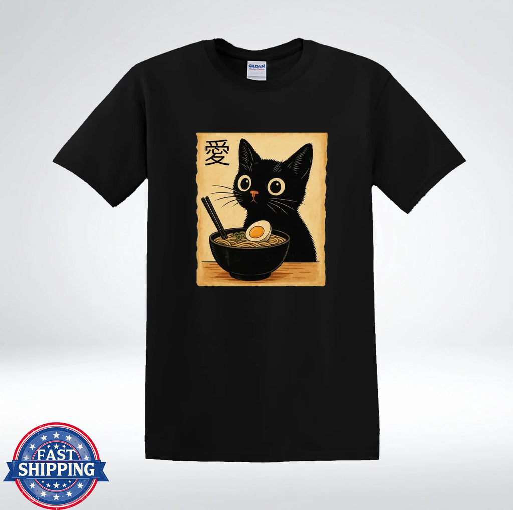 Cute Black Cat Ramen Shirt Japanese Kanji Love Aesthetic Graphic T-Shirt