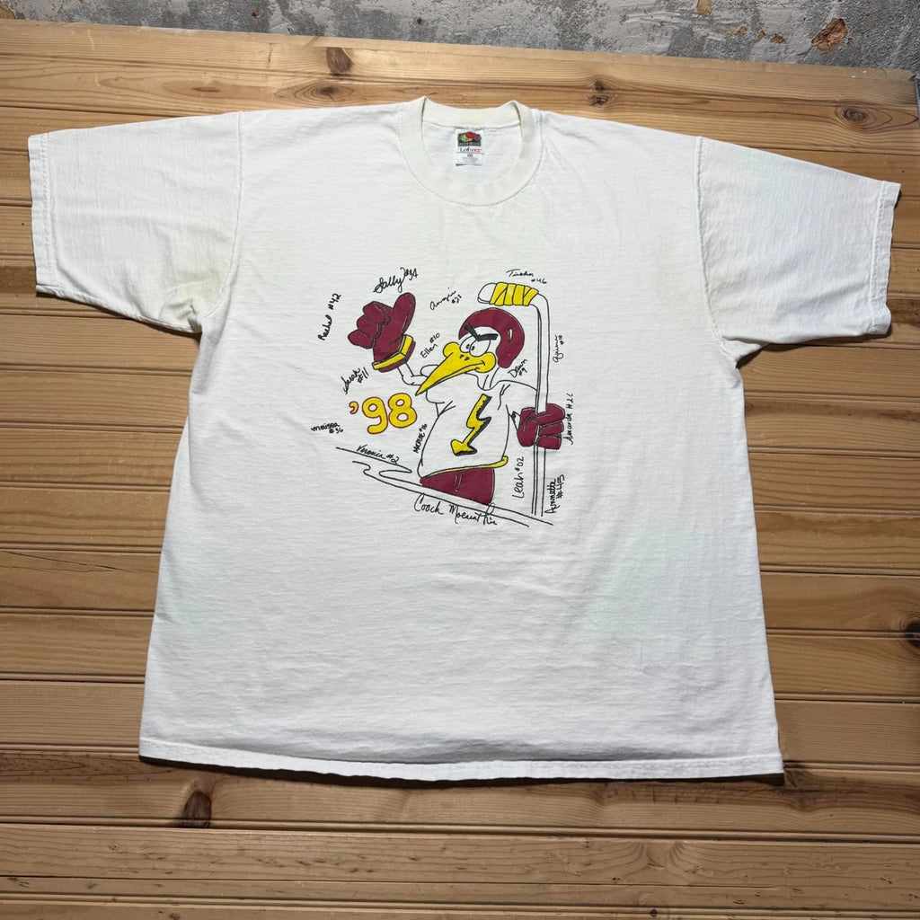 Vintage 1998 Team Signed Mascot Ice Hockey Cartoon Sports Graphic T-Shirt - XL