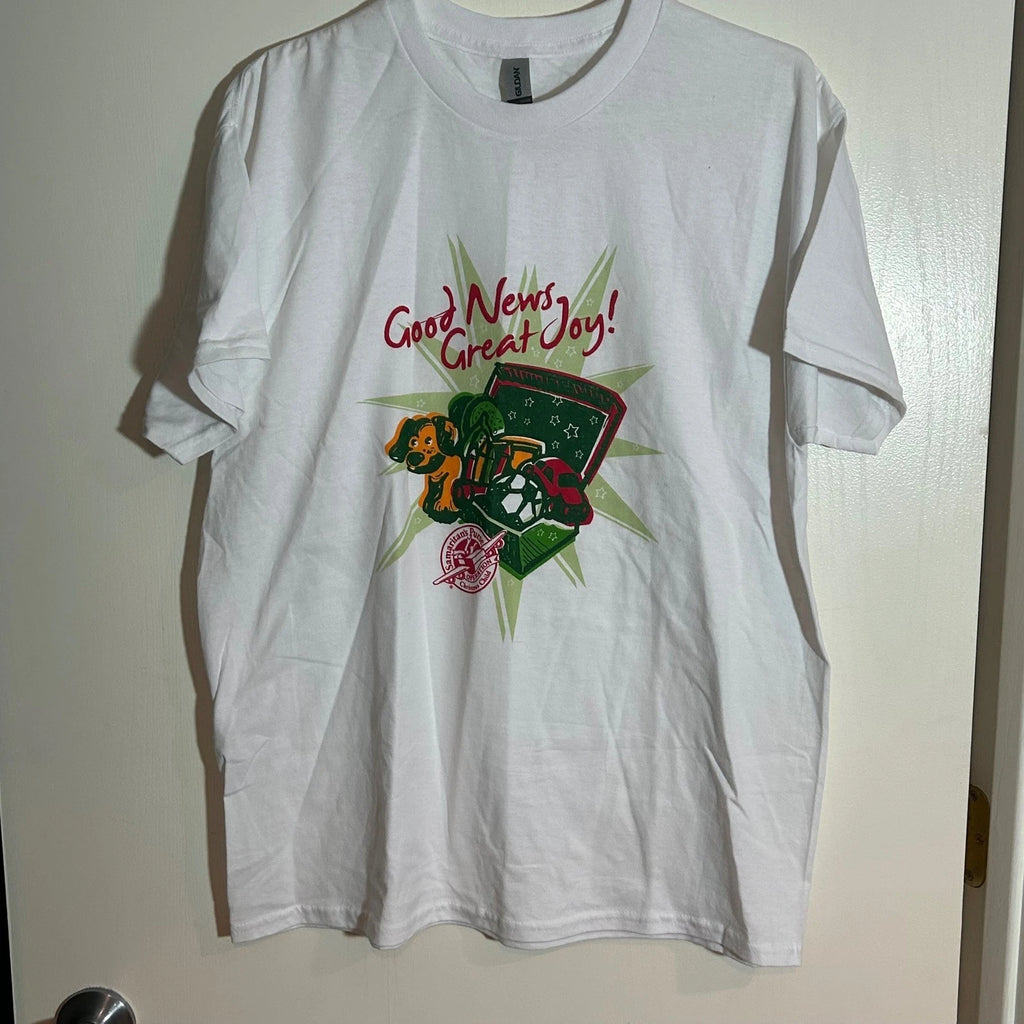 Gildan Operation Christmas Child T Shirt Good News Great Joy Soccer Ball Tee L