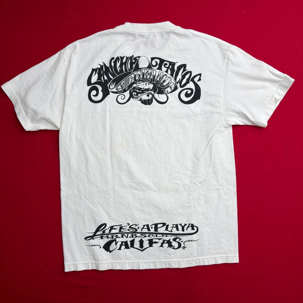 Y2K STYLE Sanchos Tacos Califas Graphic T-Shirt Mens L White Short Sleeve Tee T