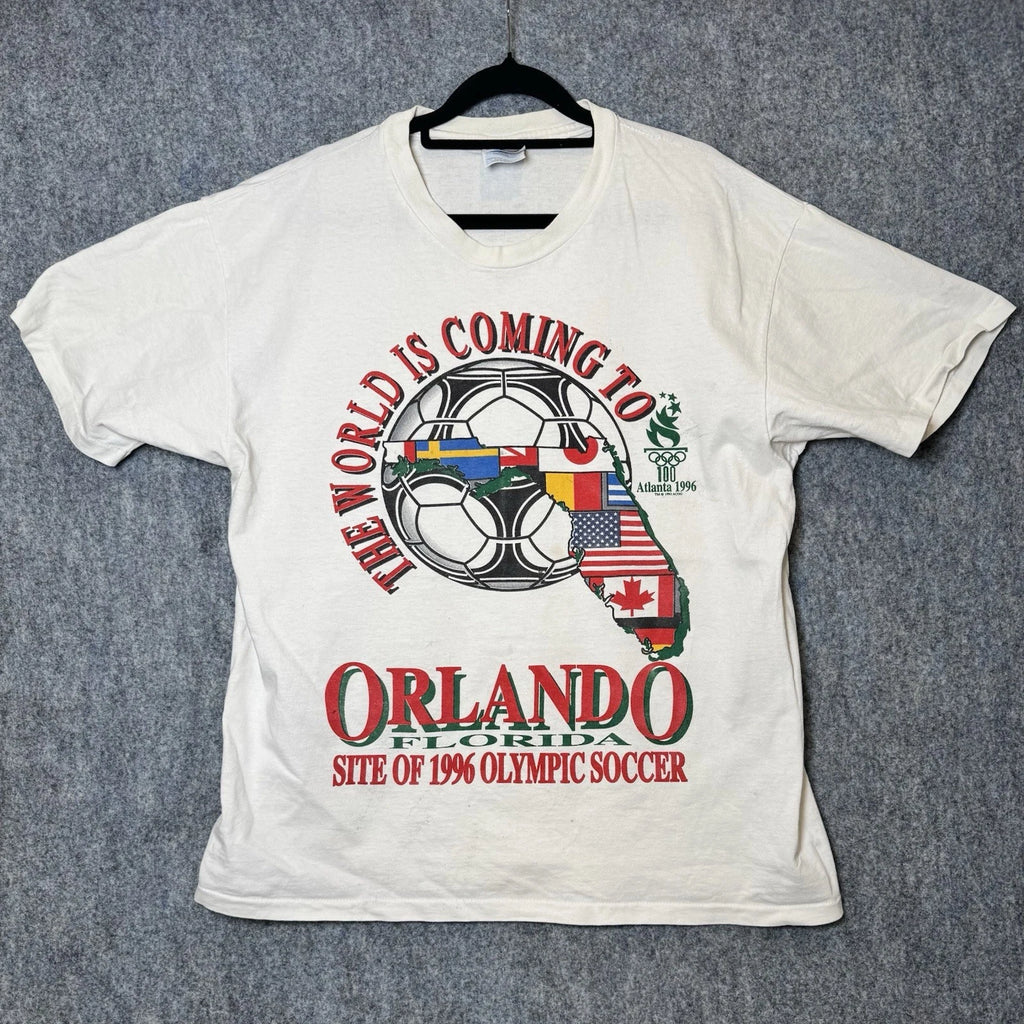 Hanes Vintage Olympics T-Shirt Mens Large Atlanta 1996 White Soccer Graphic Rare