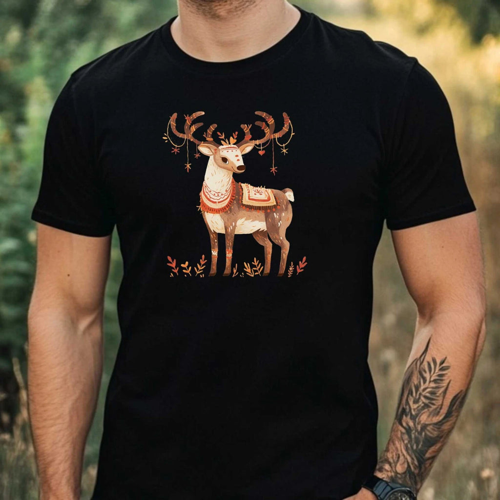 Mens Boho Watercolour Reindeer Motif Cotton T-Shirt Size XS to 5XL