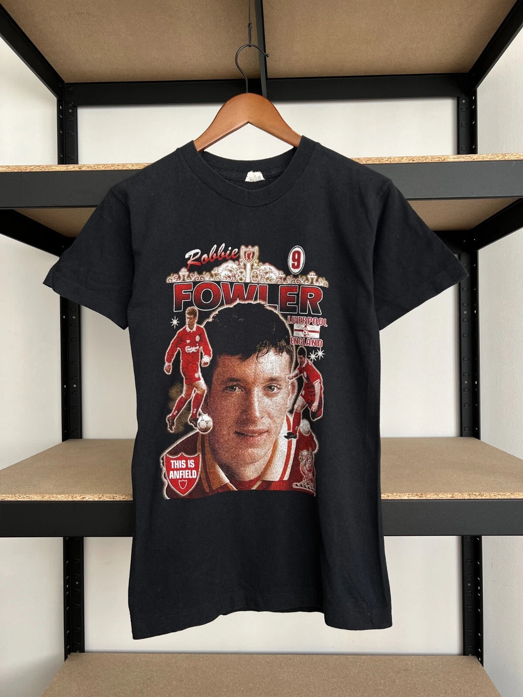 Vintage 90s Robbie Fowler Liverpool England #9 Soccer Black T-shirt Sz S