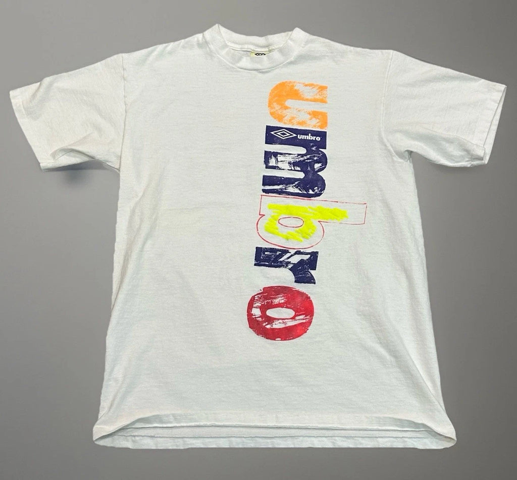 Vintage 90s Umbro T-Shirt Mens Medium Made In USA White Neon Art Soccer Tee