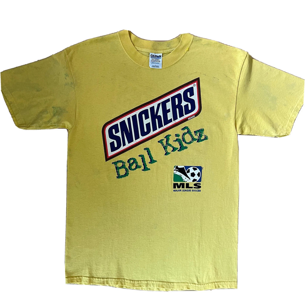 Vintage Snickers  MLS Ball Kids Shirt Large Yellow Y2K Soccer Food Candy Promo