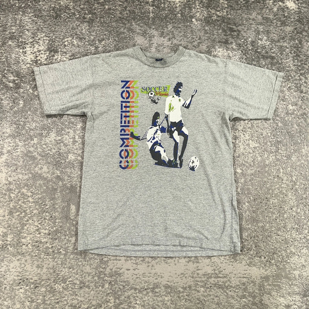 Vintage Soccer Mania Shirt Mens XL Grey Short Sleeve Competition Graphic Tee Y2K