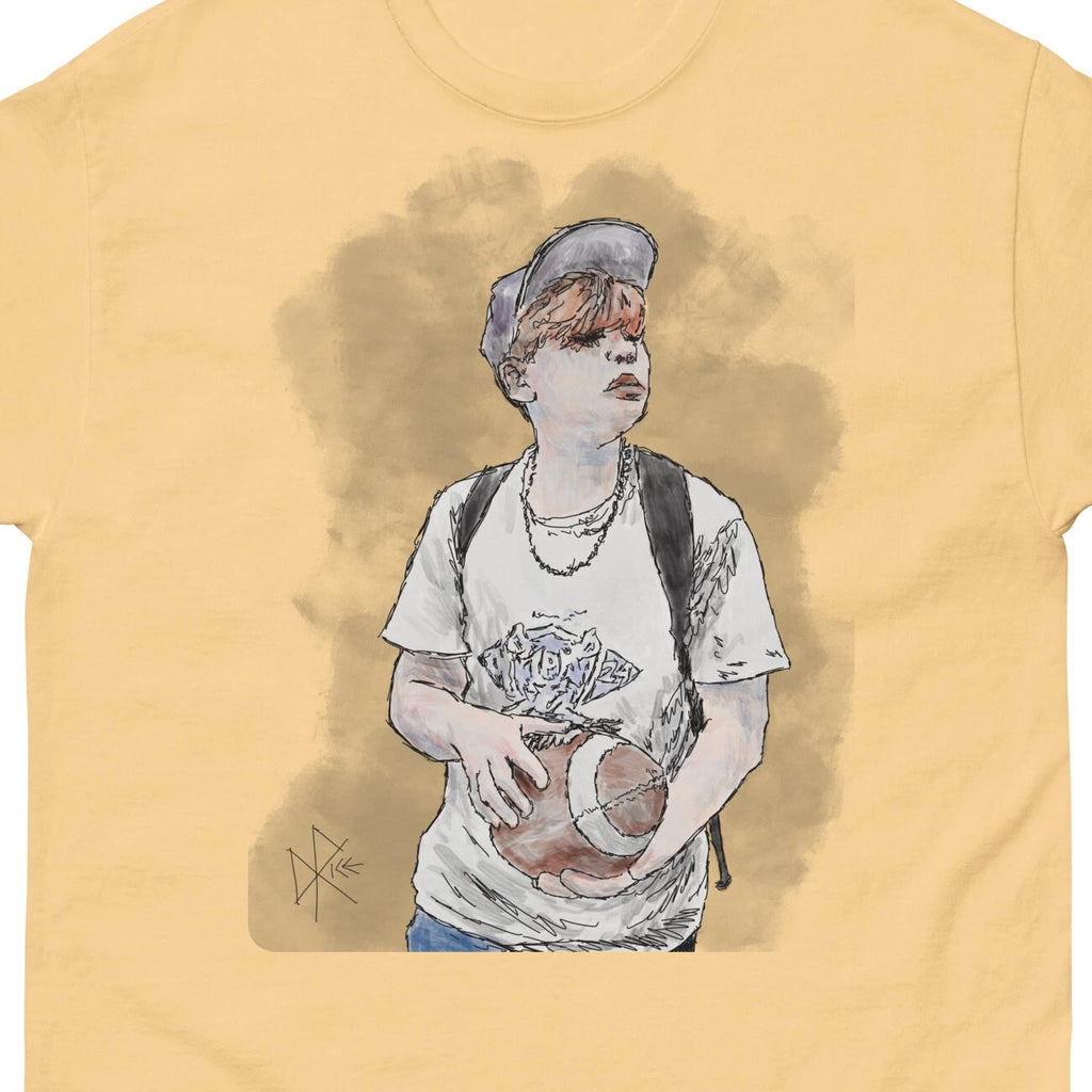 Teen with a Football - Classic T-shirt Graphic Tee Funny Cool Sketch Art