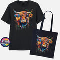 Highland Cow T-Shirt & Bag Rainbow Pop Art Graphic Tee Unisex S-2XL Gift Set