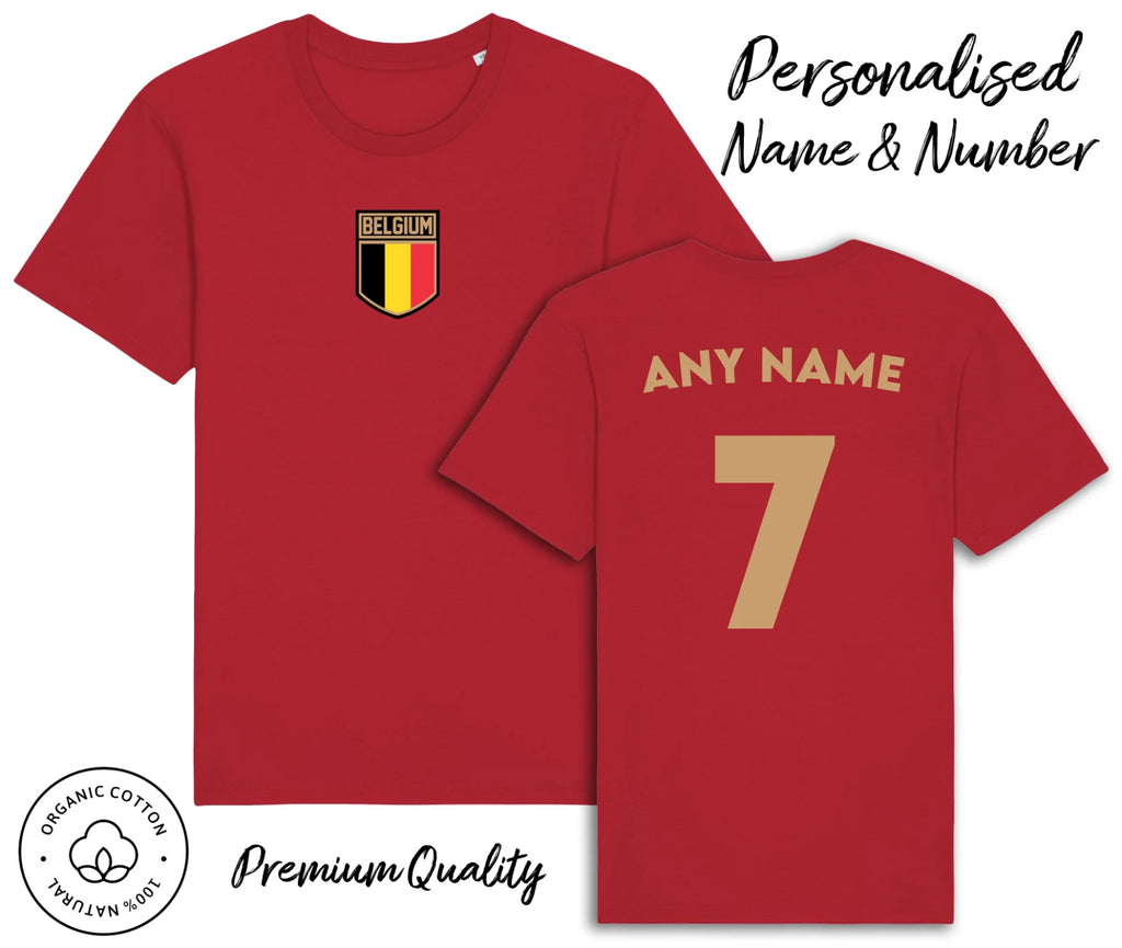 Belgium Flag T-Shirt 2026 Personalised Name & No Adult Kids Baby, Football