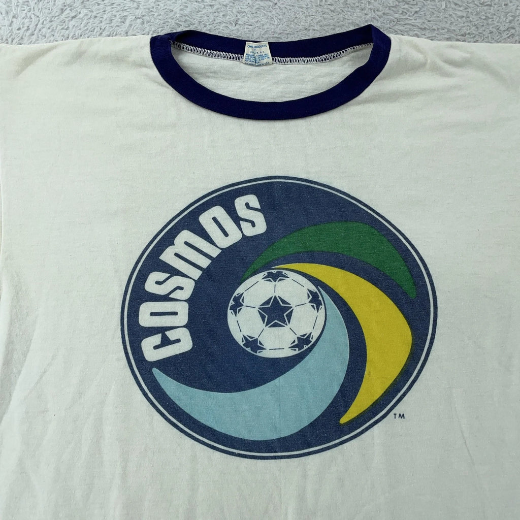 Vintage New York Cosmos Chamopion Blue Bar Ringer T-Shirt XS/S NASL Soccer 70s